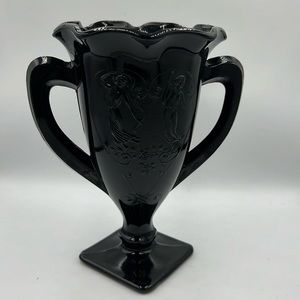 1930s LE Smith Black Amethyst Glass Trophy Vase Dancing Nymphs 7”
